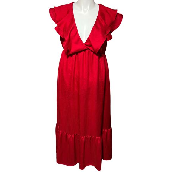 A New Day Womens Maxi Dress Layered Ruffled Faux Wrap V Neck Red Large - Picture 1 of 11